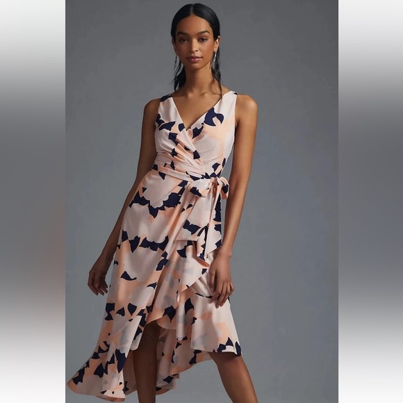 Anthropologie | Hutch Asymmetrical Wrap Midi Dress Size Small Peach and Navy - Picture 1 of 15